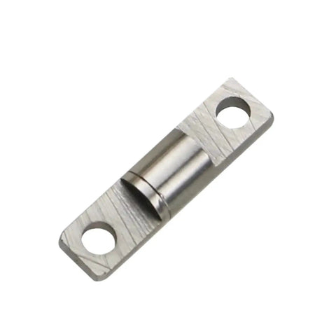 Close-up of overlay cabinet hinge plate with concealed mounting, two screw holes, and damping shaft