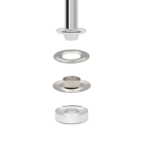 Exploded view of Three Eighths Inch Grommets With Setting Tool Kit, Nickel Finish, 72 Sets showing components.