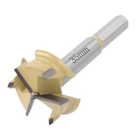 35mm Hinge Boring Bit With 9mm Hex Shank For Woodworking, 10mm Drilling Depth, 3 Flute Hinge Hole Cutter With Carbide Teeth close-up