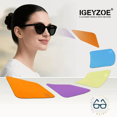 Eight Pack Microfiber Lens Cleaning Cloths For Glasses Screens Cameras VR AR displayed with colorful cloths and a person wearing sunglasses.