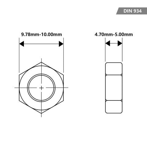 Technical diagram of Sturdy M6 Stainless Steel Hex Nuts Set 304 18-8 Thread 1.0, 70pcs for Indoor Outdoor Use showing dimensions