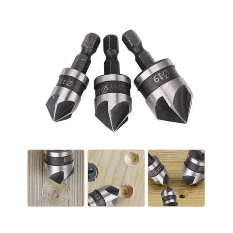 Three Piece Countersink Chamfer Drill Bit Set With One Quarter Inch Hex Shank 90 Degree Chamfer Five Flute Fast Cutting For Wood And Metal