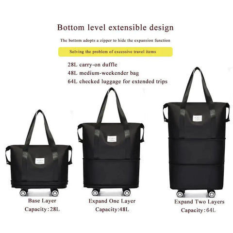 Expandable Foldable Duffle Bag With Detachable Wheels 3 In 1 Design Expands From 28L Carry On To 48L Weekender And 64L Checked Luggage