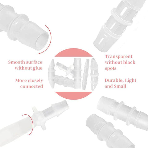 Plastic hose barb fittings set, 8 pcs, assorted sizes from 3/16 to 5/8 in, translucent