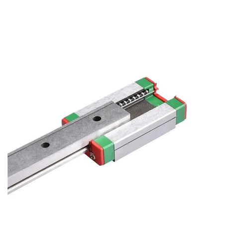 Close-up of Four Piece MGN7H Linear Motion Slider Kit Plus Two MGN Rails, 250mm Rail, chrome plated bearing steel for precision motion.