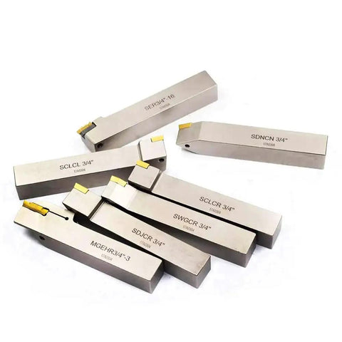 Seven Piece Three Quarter Inch Nickel Plated Indexable Lathe Tool Holder Set For Turning Grooving Threading And Cut Off Heavy Duty CNC Metal Lathe Tools With Tin Coated Carbide Inserts Includes SCLCR SCLCL SDJCR SDNCN SWGCR MGEHR SER Holders OSCARBIDE