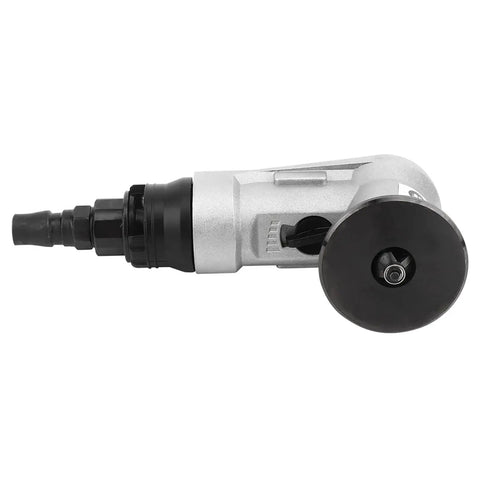 Side view of a metallic tool with a circular attachment, resembling a pneumatic drill or grinder, placed on a white background.