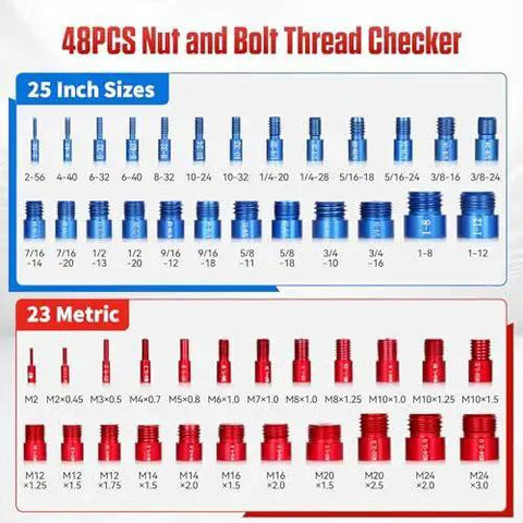 Detachable Thread Checker Set For Nuts And Bolts With 48 Pieces, Imperial 25 Inch And Metric 23 Size Finder, Detect Thread Dimensions