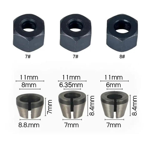 Three Piece Wood Router Collet Adapter Kit With Nuts For Flush Trim Router Bits 6mm 6.35mm And 8mm Shanks