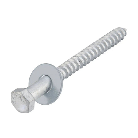 Heavy Duty Three Eighths Inch by Three Inch Lag Bolts Set with 50 Lag Screws and 50 USS Washers, visible from side
