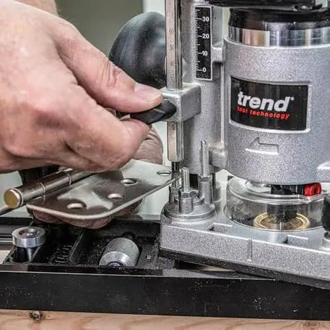 Using Butt Hinge Template Kit With Fully Adjustable Router Jig DIY Friendly And Handles All Hinge Sizes And Positions From 2 Feet 6 Inches To 9 Feet Quick Accurate Square Or Radius Hinge Routing For Wood Doors And Frames on metal hinge with router tool close-up