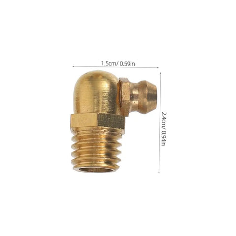 Close-up of a brass grease fitting from the Complete 60-Piece Grease Fitting Kit SAE To 4-28, featuring a 90-degree angle.