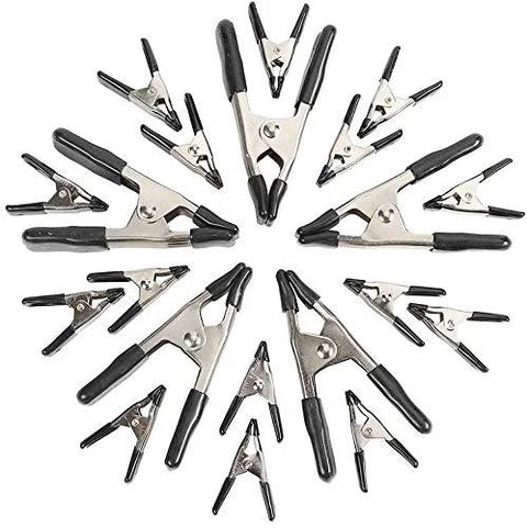 Amazon Basics 20-piece steel spring clamp set with black PVC tips, front view, includes 3/4-inch and 1-inch clamps