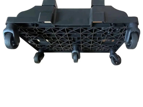 Underside view of Spinner Wheelbase Luggage Cart For Bags And Pet Carriers With Secure Luggage Strap And Lightweight 2.9 Lb Build showcasing wheels