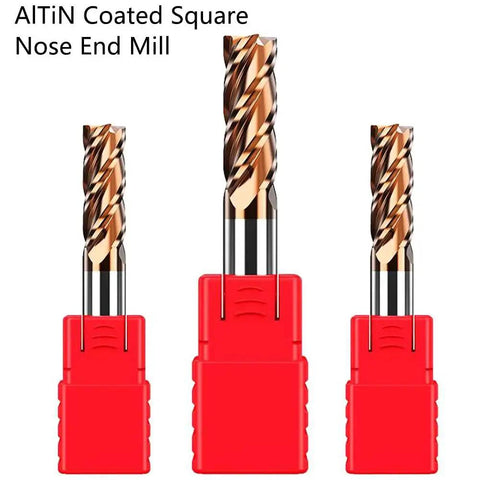 Three AlTiN coated square nose end mills in red holders, showcasing the Beefy Carbide Square End Mill For Alloy Steels With 4 Flutes And 4mm Micro Grain Cutter HRC55 AlTiN Coated For Hardened Steels High Speed Milling Tool With Superior Wear Resistance Durable End Mill By ASNOMY.