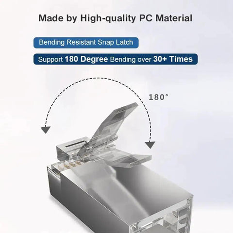 Close-up of 100 Pack Shielded Cat6 RJ45 Pass Through Connectors showing bending resistant snap latch mechanism for Ethernet cables.