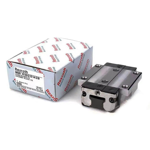 Replacement linear slider unit R165121420 single block with sealed ball bearing, precision CNC part on white background