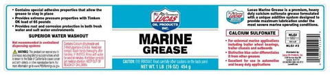 Lucas Oil Marine Grease label on 1 lb tub, calcium sulfonate formula for marine use