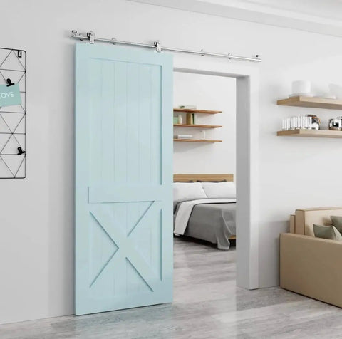 6Ft Top Mount Sliding Barn Door Hardware Kit With Stainless Steel Track And Rollers Heavy Duty Sturdy Barn Door Hardware Set for Single Door installed in modern interior