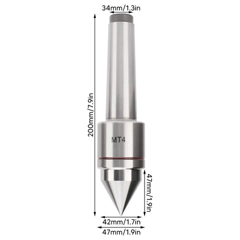 Heavy Duty Live Center For Lathe MT4 Morse Taper Revolving With Triple Ball Bearing, CNC Tip, Extended Spindle, Front View