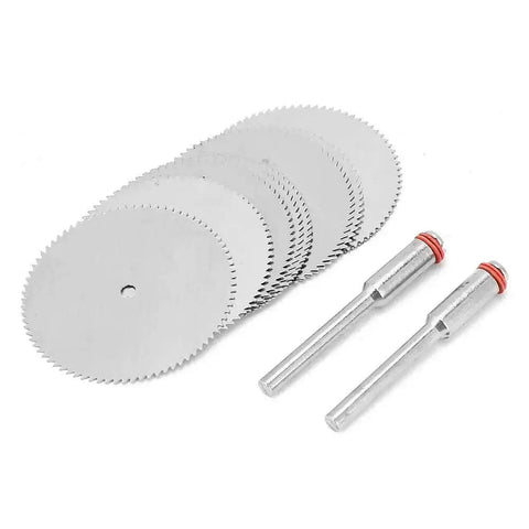 10Pcs Stainless Steel Drill Attachment Discs For Rotary Tools Metal Cutting Saw Blades Set For Drills displayed with mandrels