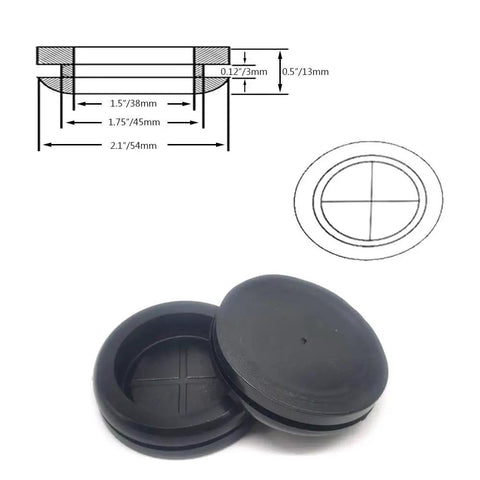 Illustration and photo of Six Pack Rubber Grommets For Wiring With 1-1/2 Inch Inner Diameter And 1-3/4 Inch Drill Hole Outer Diameter 2.1 Inches Flexible Durable Synthetic Firewall Grommets For Wiring Pass Through Centers Can Be Cut To Fit Your Wires