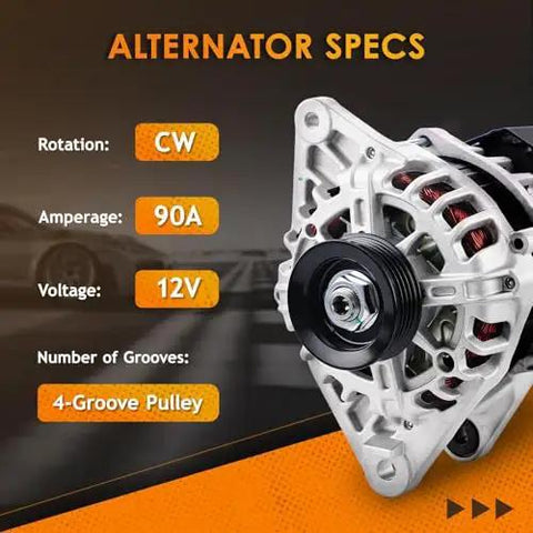 Direct Fit DIY-Friendly Bolt-On Alternator Replacement For Hyundai Elantra 2.0L 2007-2012, Kia Soul 2.0L 2010-2011, Spectra 2.0L L4 2007-2009, Compatible With 11311N 2655635 3730023650 40046020 40046031, OEM-Grade And Easy To Install image showing alternator specs on orange and gray background.