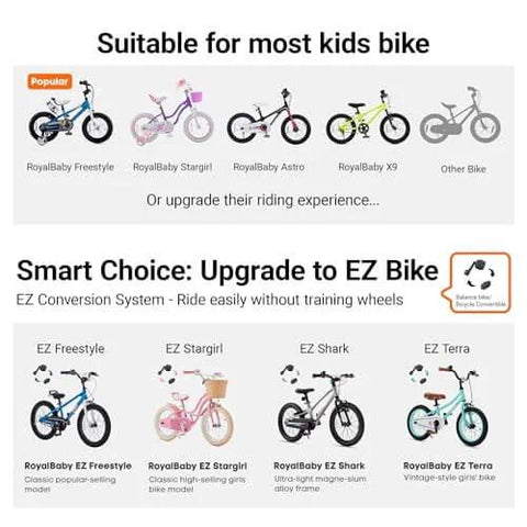 Infographic showing various kid-friendly bike models and EZ Bike conversion options suitable for riding without training wheels.