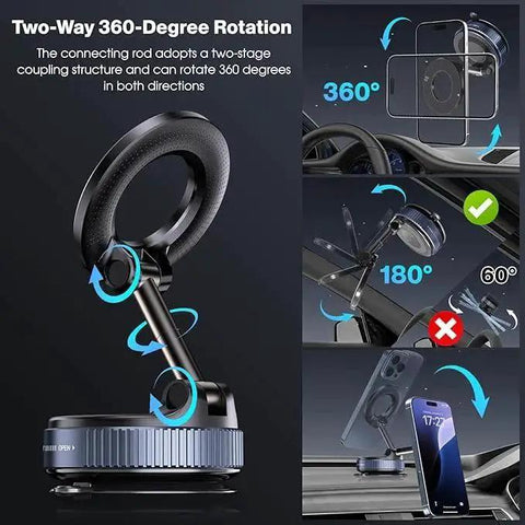 Magnetic car phone mount with 70-lb suction and 360° rotation for iPhone and Android smartphones