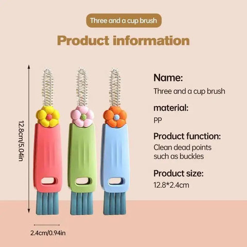 3 In 1 Cup Lid Gap Cleaning Brush For Bottles And Mugs Crevice Cleaner in red, green, and blue with flower tops