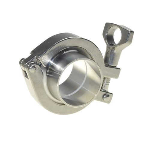 Beduan 1.5in tri-clamp to 3/4in tube weld ferrule stainless sanitary fitting with clamp and silicone gasket angled view