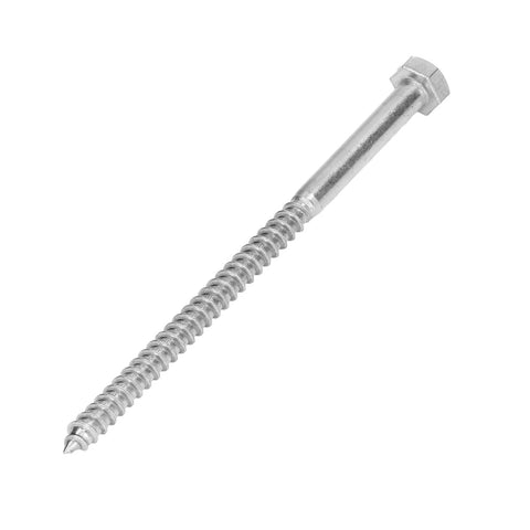 Front view of Rugged A2 70 Stainless Steel Hex Lag Screws Self Tapping Wood Screws for DIY Carpentry and Wood Structures, M8 X 140mm.