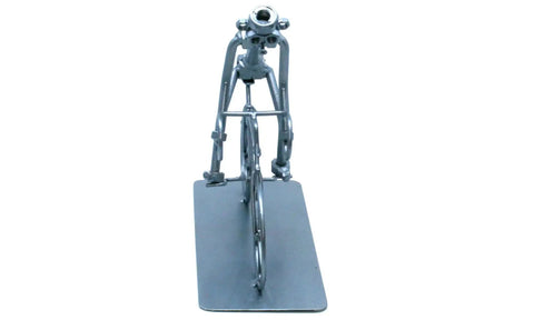 Front view of Handmade Bike Sculpture Gift For Men A Welded Bicycle Nut And Bolt Figurine For Desk Decor Modern Metal Desktop Statue