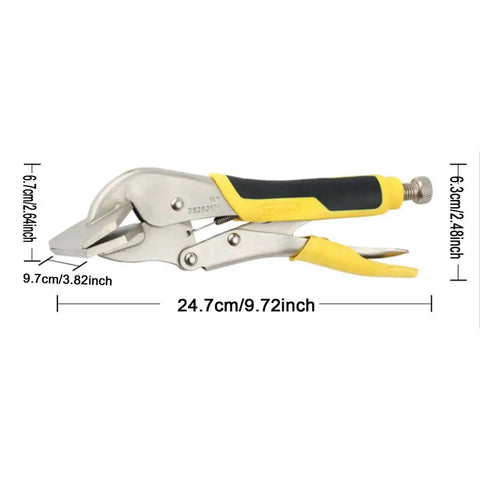 Beefy Locking Sheet Metal Clamp Pliers With Duckbill Jaw, Heavy Duty High Carbon Steel Build, 9.72 Inch, on white background.