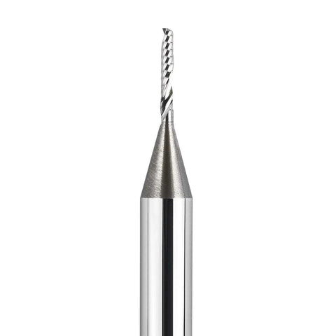 Front view of O Flute Spiral Upcut Router Bit with One Quarter Inch Shank and Sixteenth Inch Cutting Diameter Solid Carbide CNC Router Bit.