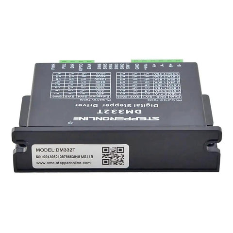 Industrial Grade Digital Stepper Driver for NEMA 17 and NEMA 23 motors with 8 micro-step resolutions, model DM332T, top view