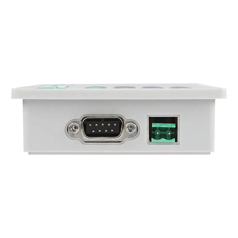 Side view of 3.7 Inch Text Display HMI For PLC with RS485 RS232 serial port and cable included, showcasing connection ports and design features.