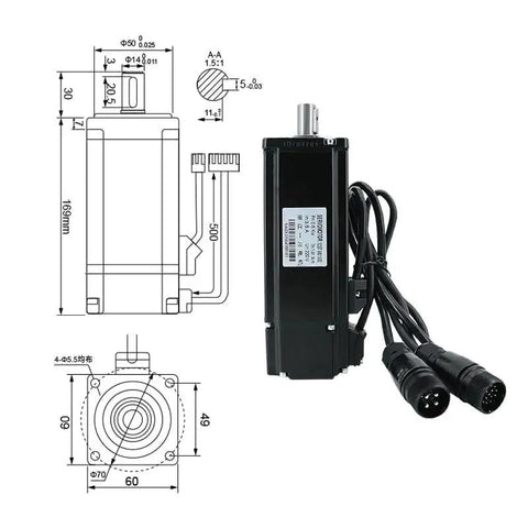Side view of black 220V 600W 60ST-M01930 AC servo motor with shaft and multi-pin cables.