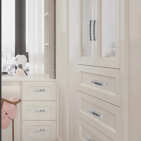 Six Pack U Shape Crystal Glass Drawer Pull Knobs For Cabinets And Dressers With Zinc Alloy Base on white dresser