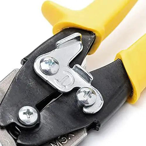 Close-up of 9-3/4 Inch MetalMaster Compound Action Snips For Straight Left And Right Cuts With Yellow Ergonomic Handles