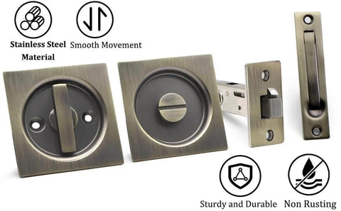 Privacy Pocket Door Lock And Pull In Stainless Steel 304 With Antique Brass Finish Emergency Unlock Feature, product view.