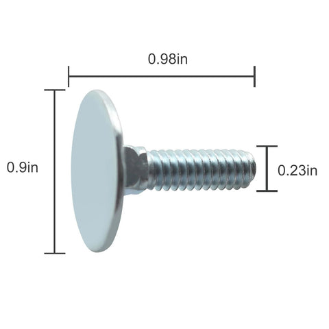 Elevator bolt with flat round head, 1/4-20 threading, silver metal, about 1 in long