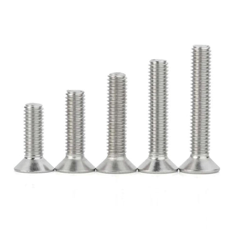 Assorted M6 flat head socket cap screws, 20-40mm, SS304, DIN 7991, shown in increment sizes for DIY projects and mechanical fixes.