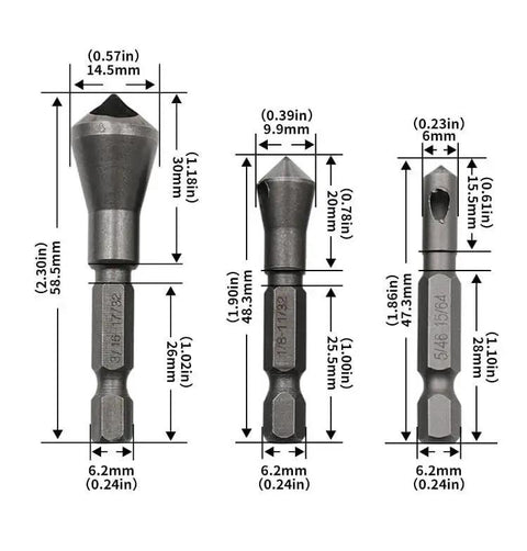 Chamfer Bit Set 3 Piece With A One Quarter Inch Hex Shank Countersink Deburring Bits For Metal Wood And Plastic Razor Sharp Edges
