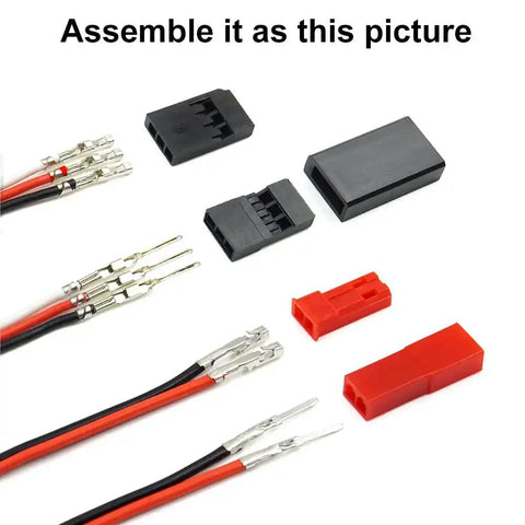 Components of 55 Sets Servo Plug Male and Female Connectors with Crimp Pins Cable Kit for RC Gear, showing black and red connectors.