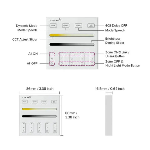 Wireless 2 4G RF 4 Zone Single Color Wall Mounted Smart Panel Remote diagram with dimensions and labeled controls.