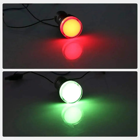 Red Green Dual Color Indicator Light 24 Volt Dual Power, 22mm Panel Mount, high brightness LED lit in red and green.
