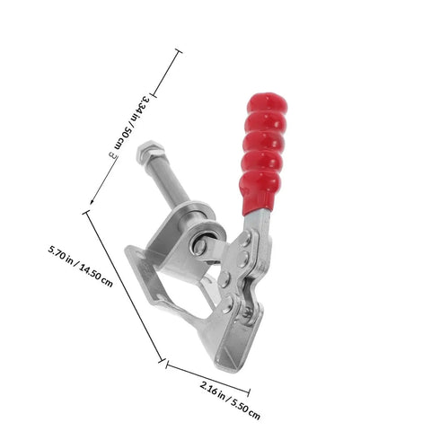 Heavy Duty Push Pull Toggle Clamps 4 Pack Set Adjustable Quick Release Horizontal Workholding Fixture For Woodworking Carpentry And DIY Projects Zinc Plated Steel Stable Easy To Use Portable with red handle and size dimensions.