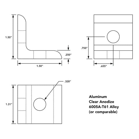 Diagram of Two Hole Inside Corner Bracket for T Slot Aluminum Extrusion, 90 Degree Angle Connector, showing dimensions and clear anodize finish.