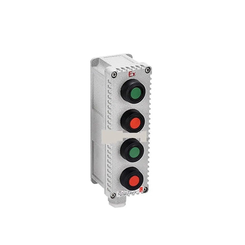 Front view of Explosion Proof Waterproof Start Stop Momentary 10A Push Button Switch Control Box with IP65 Aluminum Electrical Junction Box